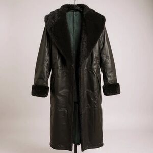 Vintage Women's Black Leather Trench Coat with Fur Trim